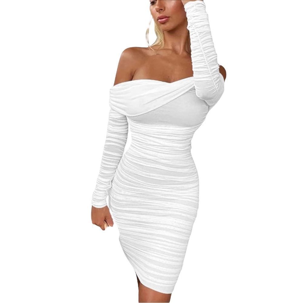 Women’s Ruched 3/4 Sleeve Off the Shoulder Bodycon Wrap Dress White Medium